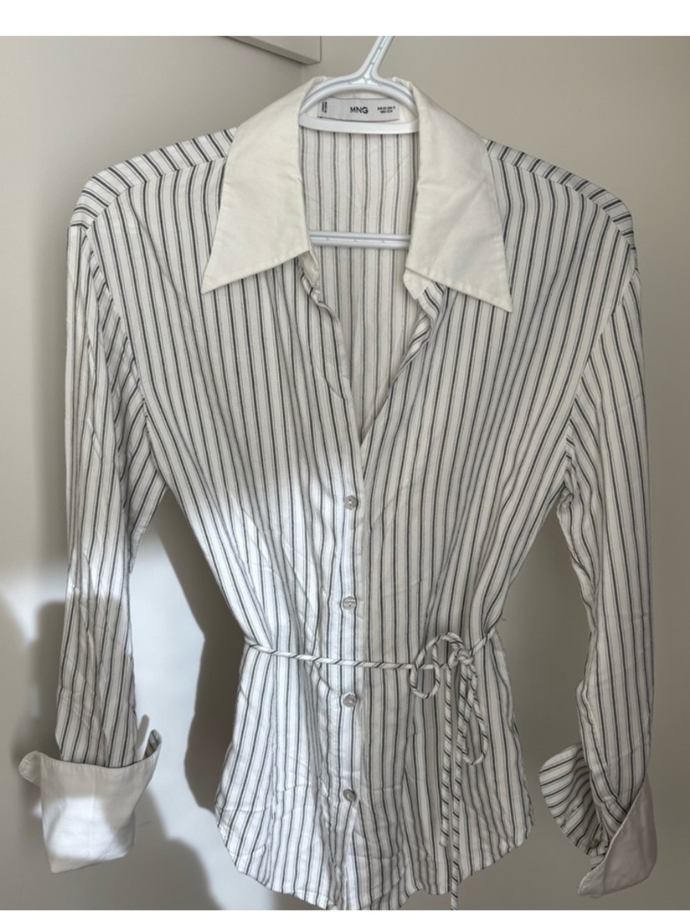 Mango White and Black Striped Button-Down Blouse